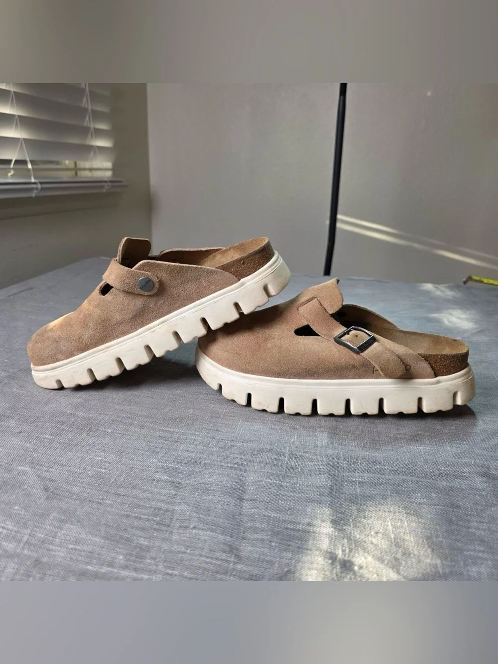 Papillio Birkenstock Boston Platform Clogs Suede Taupe Tan Chunky Mule Mules 36